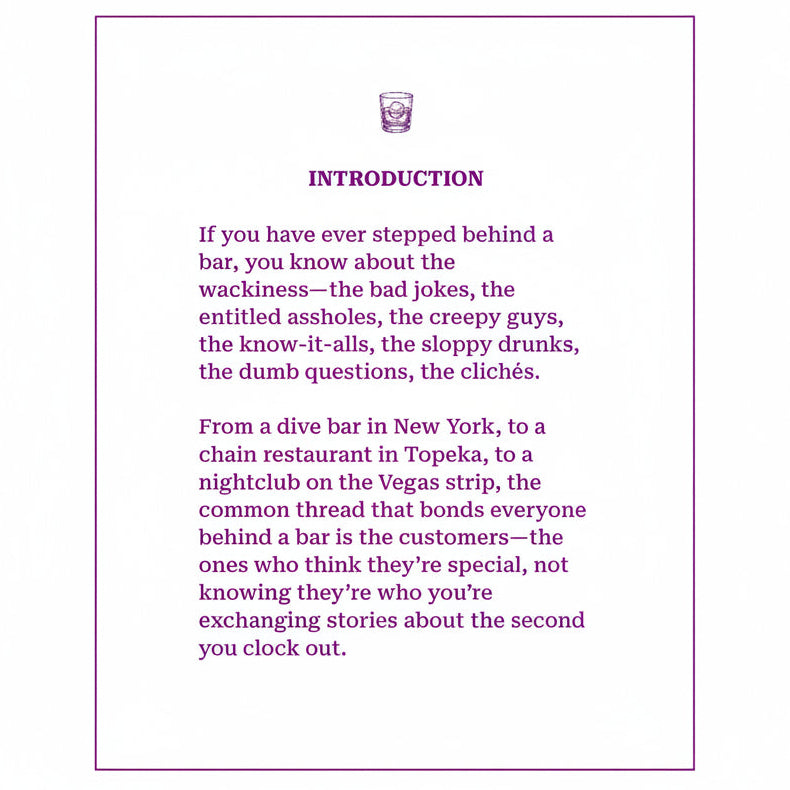 Text introduction about bar experiences on a white background with purple border and text.