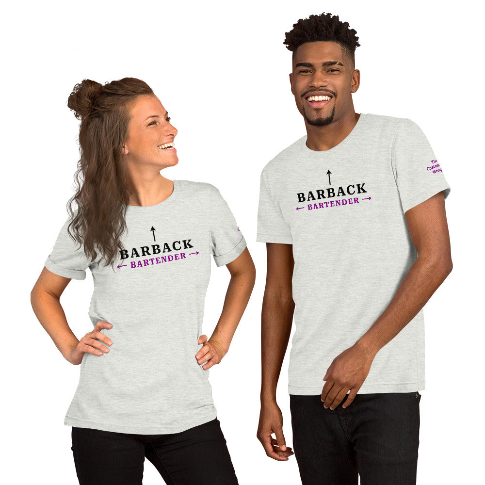 Male and female models in ash “I’m the Barback” shirts – barback humor clothing for bartenders