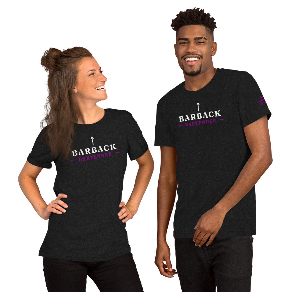 Man and woman wearing black heather “I’m the Barback” t-shirts – funny bar industry apparel by The Customer’s Wrong