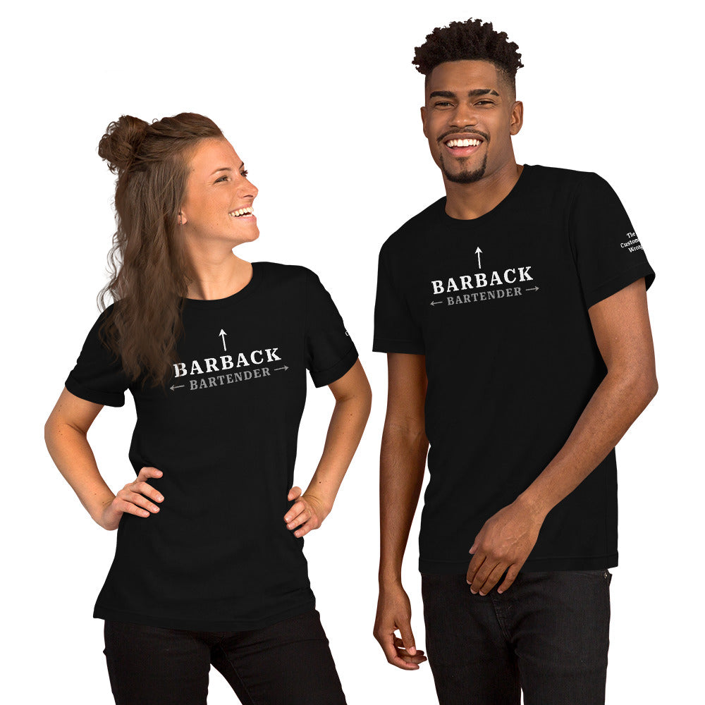 Couple wearing black “I’m the Barback” shirts – bartender humor merch from The Customer’s Wrong