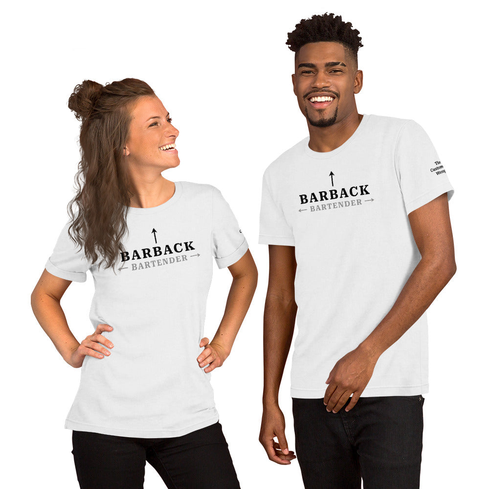 Man and woman wearing white “I’m the Barback” shirts – funny bartender and barback clothing
