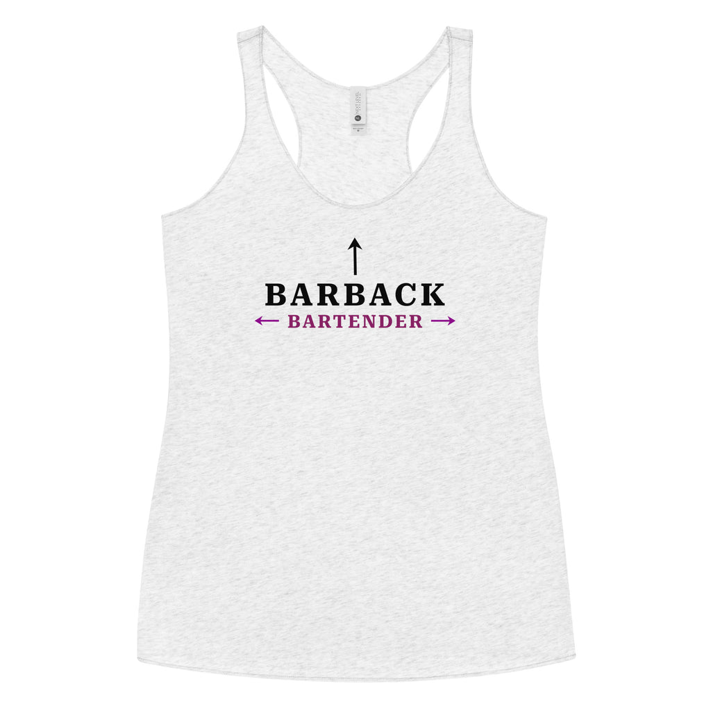 Front view of heather white women’s racerback tank top with “I’m the Barback” design – bartender humor apparel from The Customer’s Wrong
