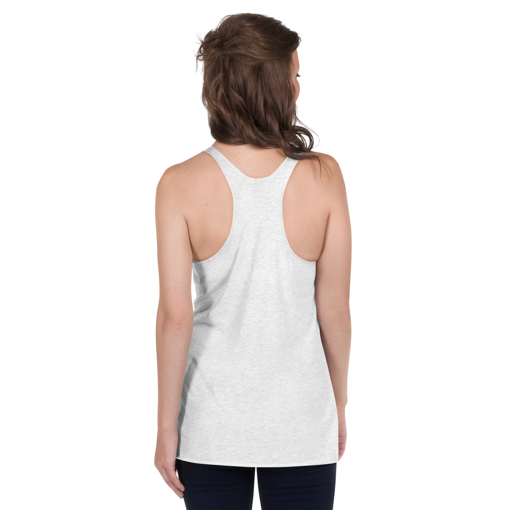 Back view of woman wearing heather white “I’m the Barback” racerback tank top – casual bartender lifestyle apparel
