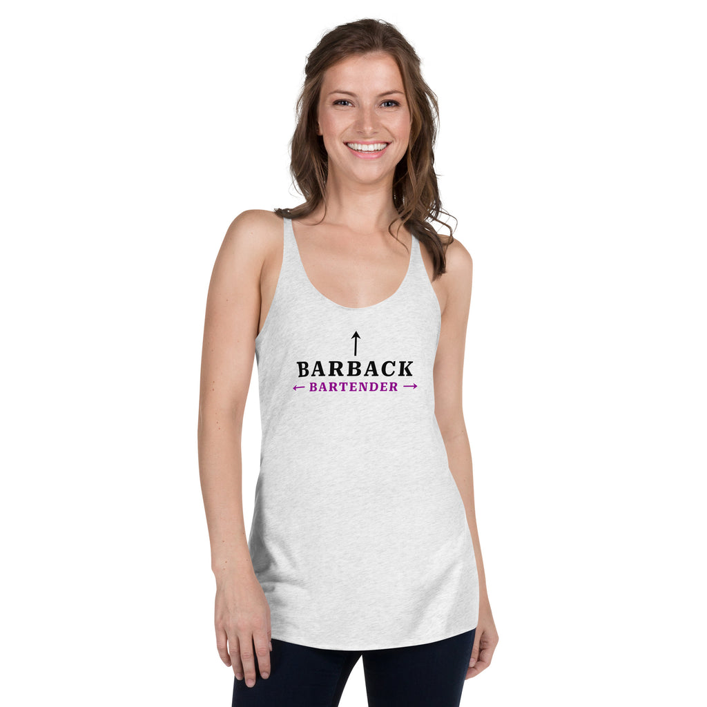 Woman wearing heather white “I’m the Barback” racerback tank top – bar industry humor apparel from The Customer’s Wrong