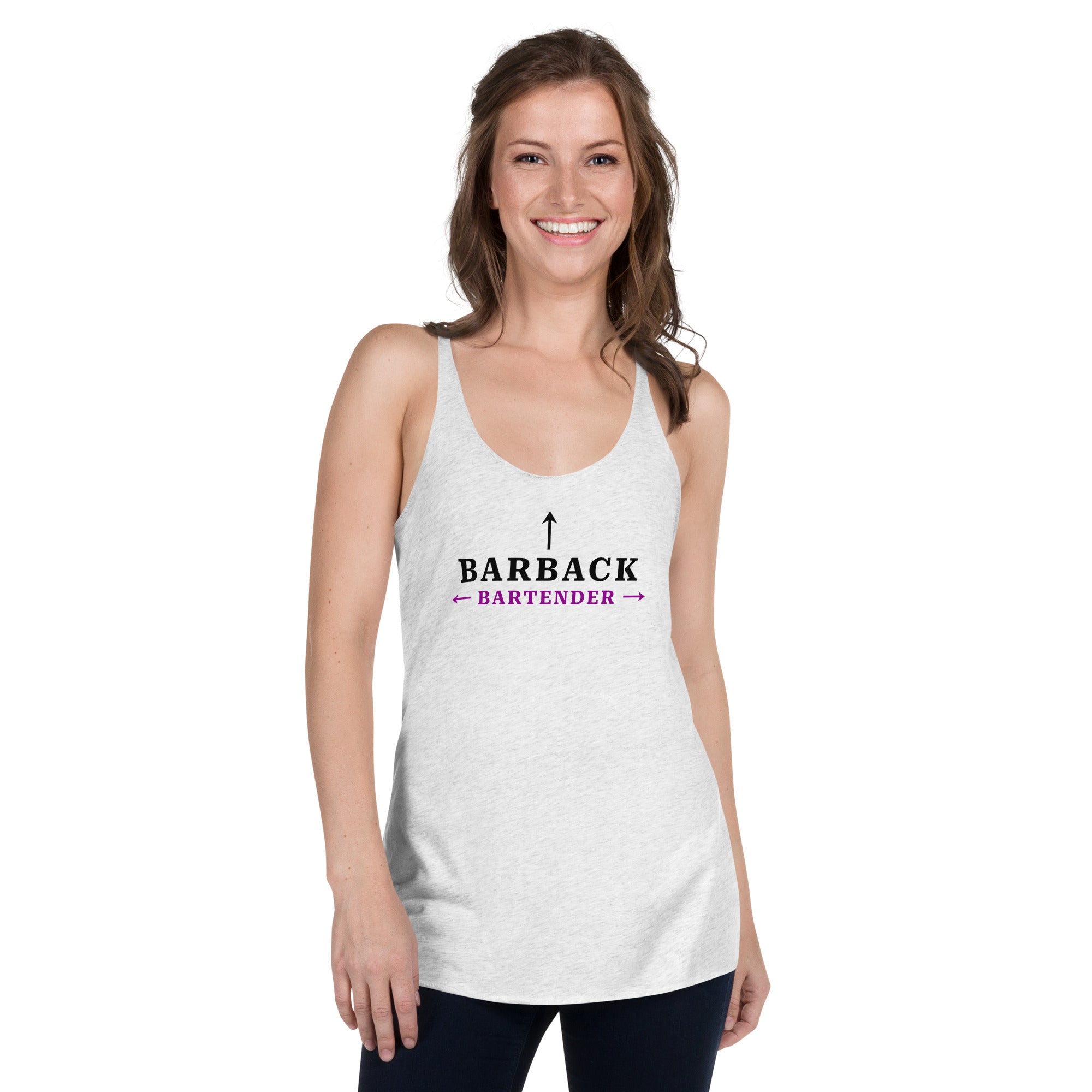 Woman wearing heather white “I’m the Barback” racerback tank top – bar industry humor apparel from The Customer’s Wrong