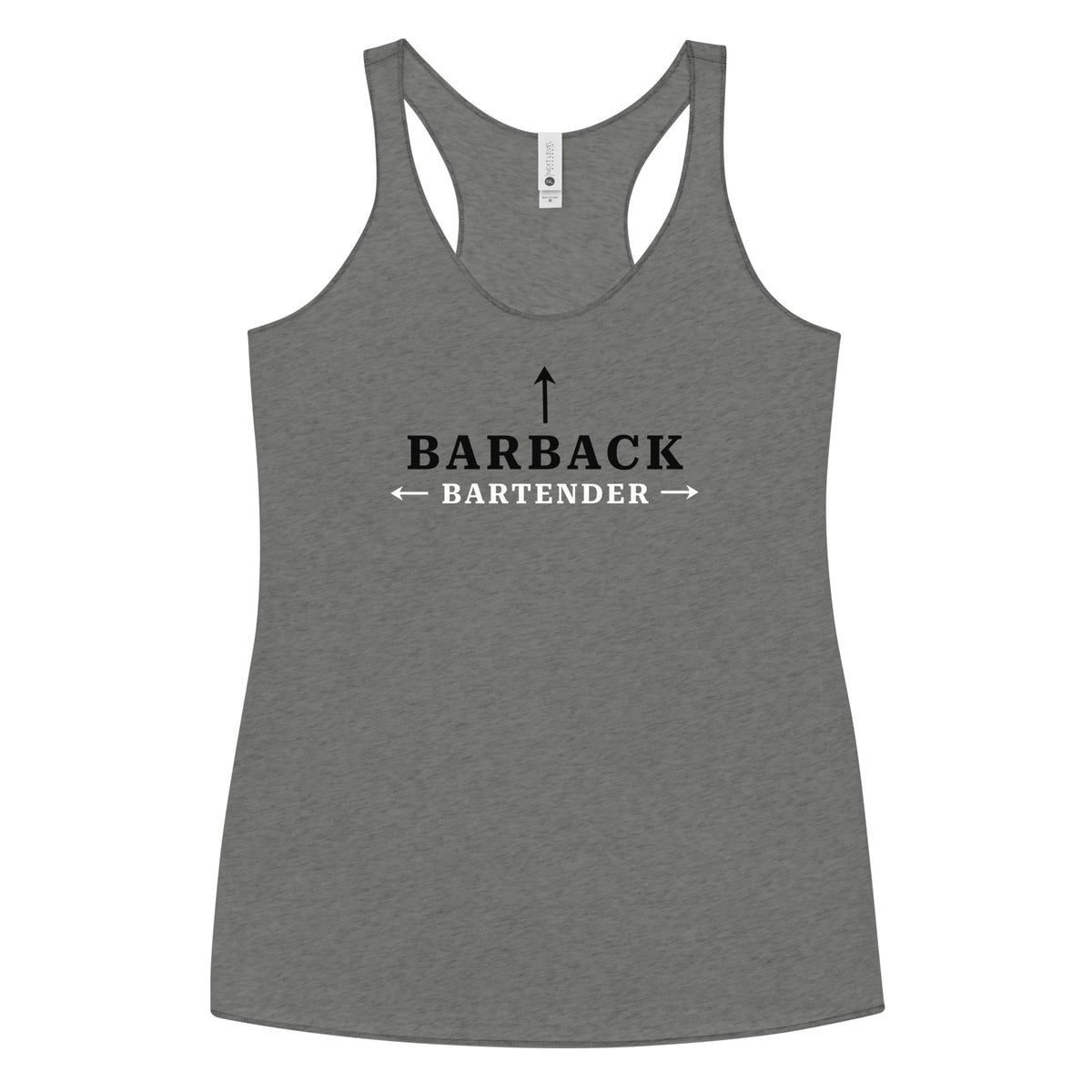 Front view of premium heather women’s racerback tank top with “I’m the Barback” print – bartender humor apparel