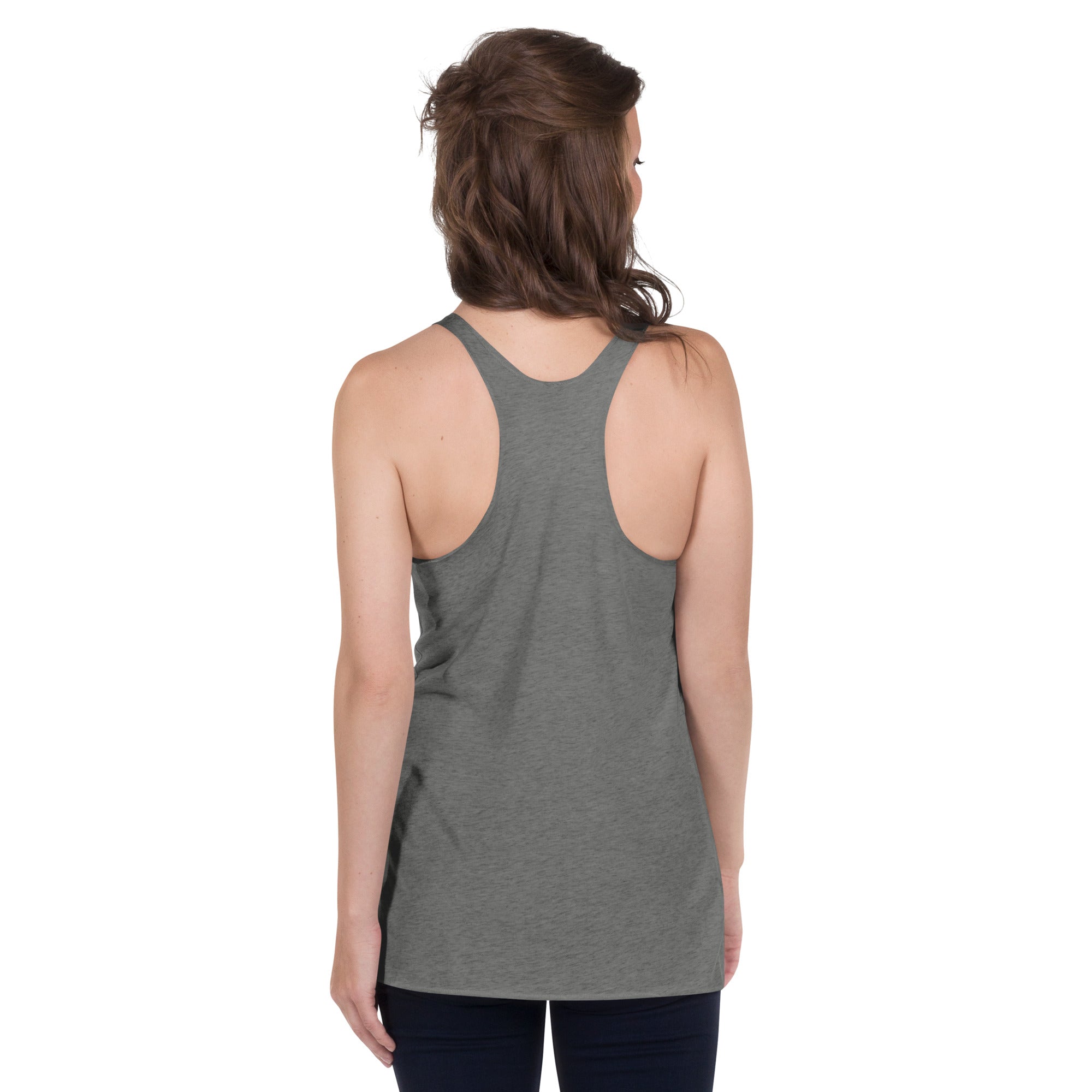 Back view of woman wearing premium heather “I’m the Barback” racerback tank top – bartender lifestyle clothing