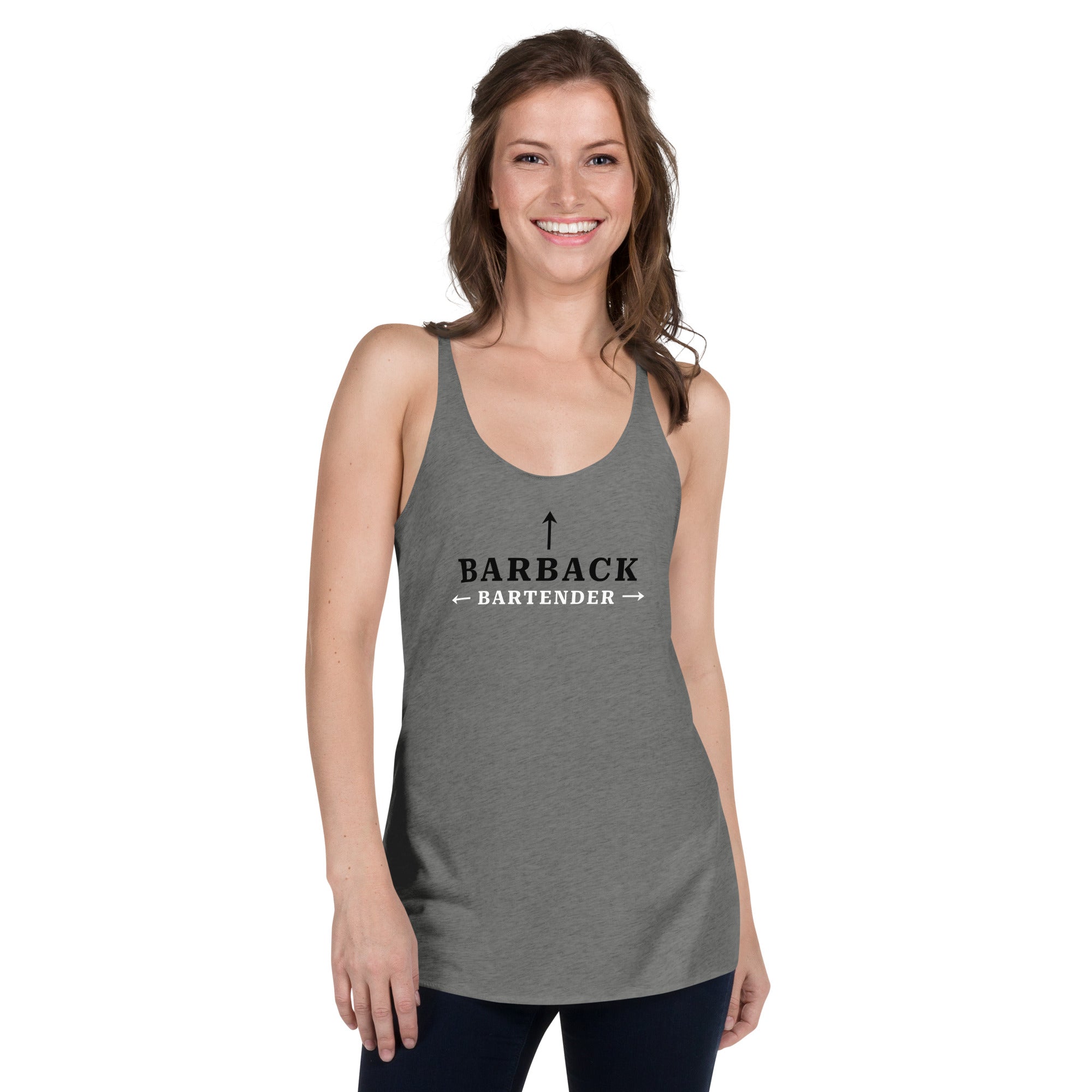 Woman wearing premium heather “I’m the Barback” racerback tank top – casual bar industry apparel from The Customer’s Wrong