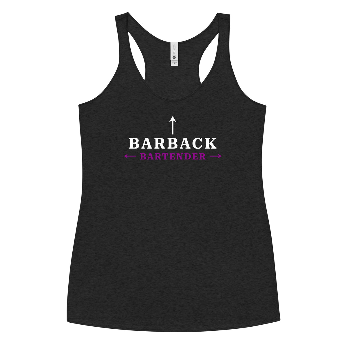 Front view of vintage black women’s racerback tank top with “I’m the Barback” design – funny bartender apparel