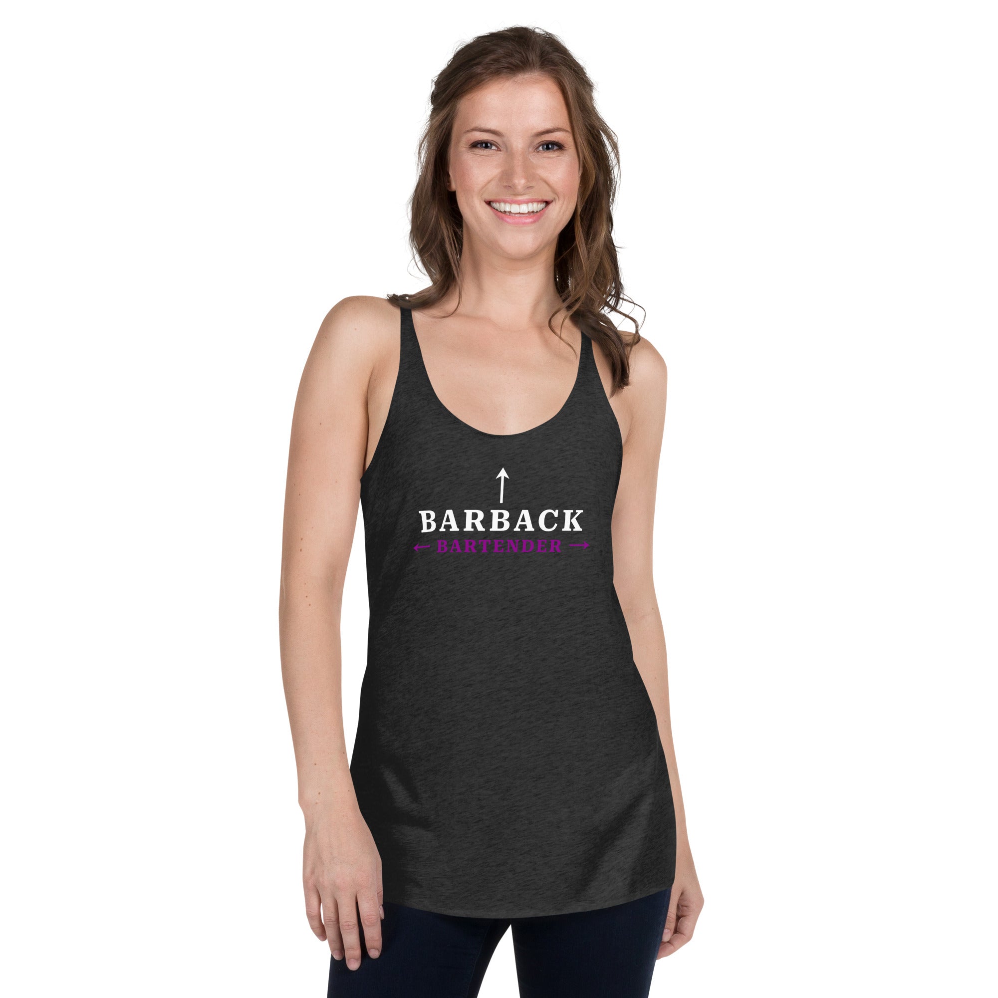 Woman wearing vintage black “I’m the Barback” racerback tank top – bartender humor clothing from The Customer’s Wrong