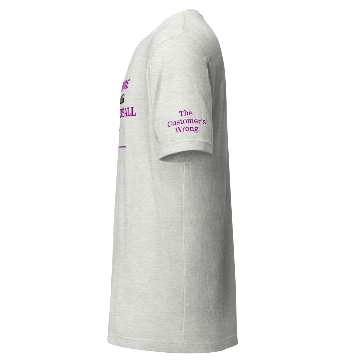 Close up of ash gray T-shirt sleeve with subtle branding from The Customer’s Wrong sarcastic fantasy football apparel