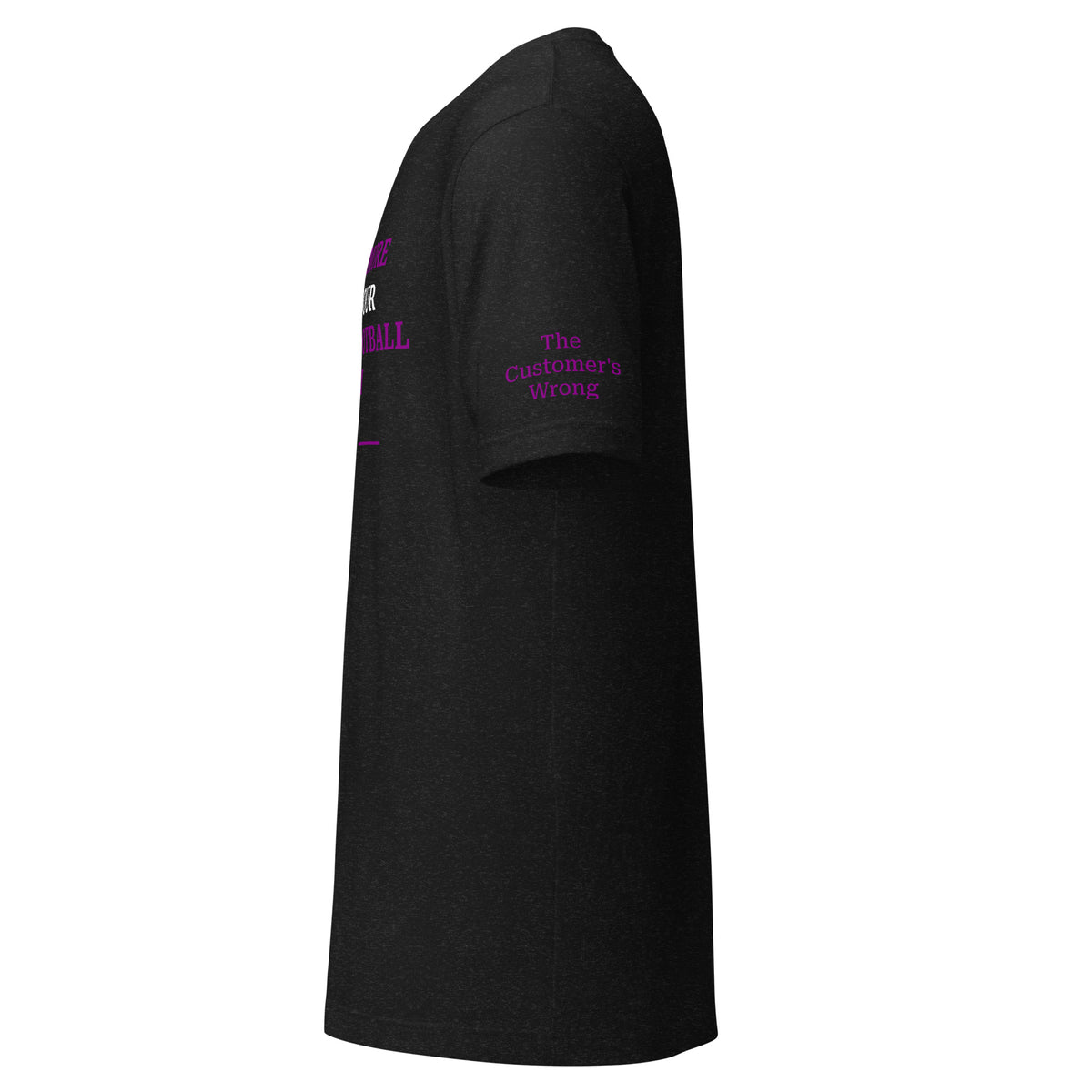 Left sleeve detail of black heather fantasy football sarcasm T-shirt by The Customer’s Wrong with clean minimalist design