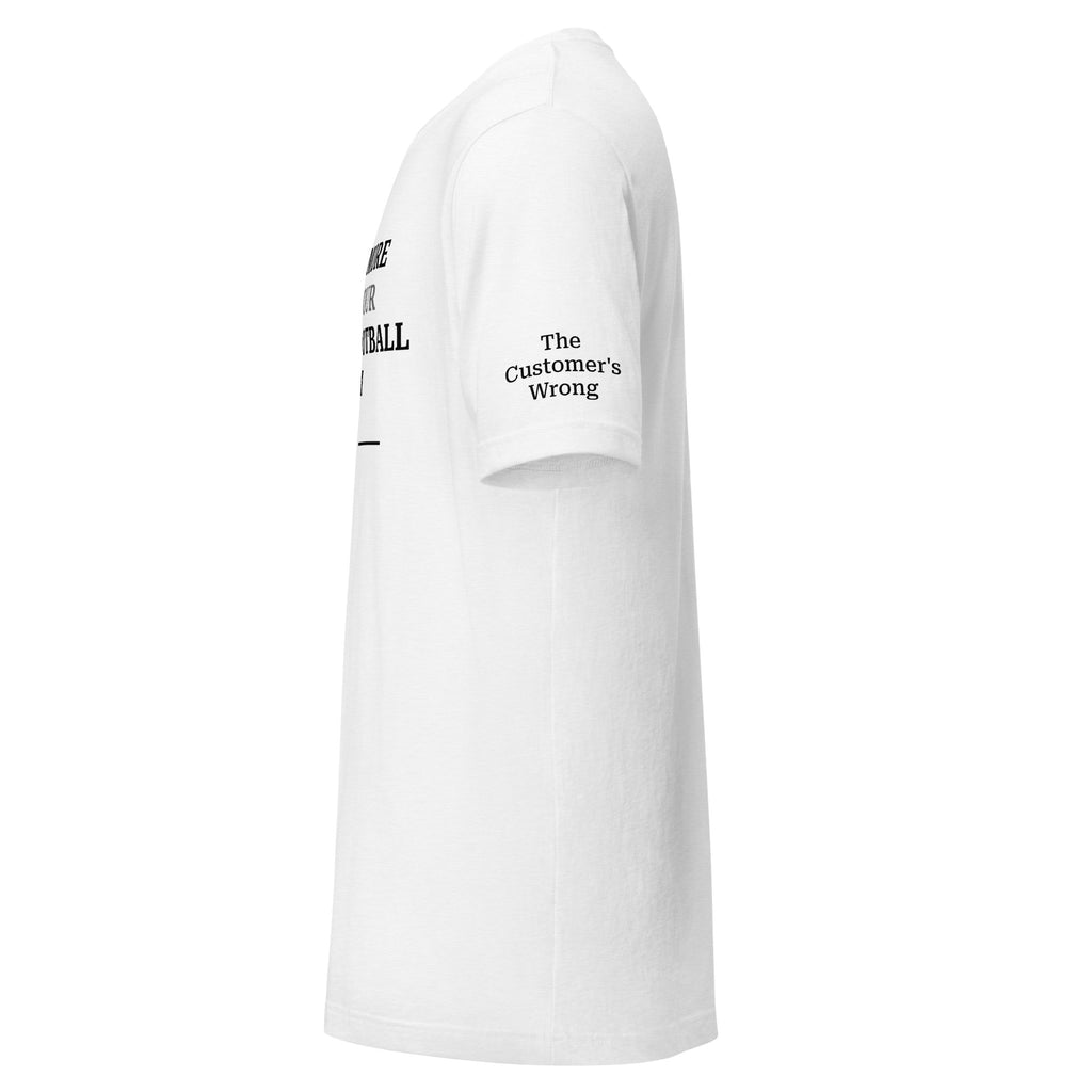 Solid white blend T-shirt sleeve detail with lightweight fabric and subtle branding from The Customer’s Wrong