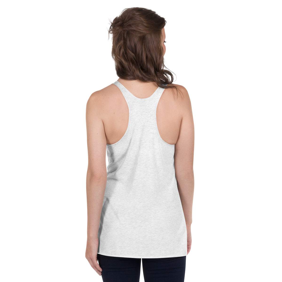 Back view of female model wearing heather white racerback tank top showing fit and racerback cut from The Customer’s Wrong fantasy football design