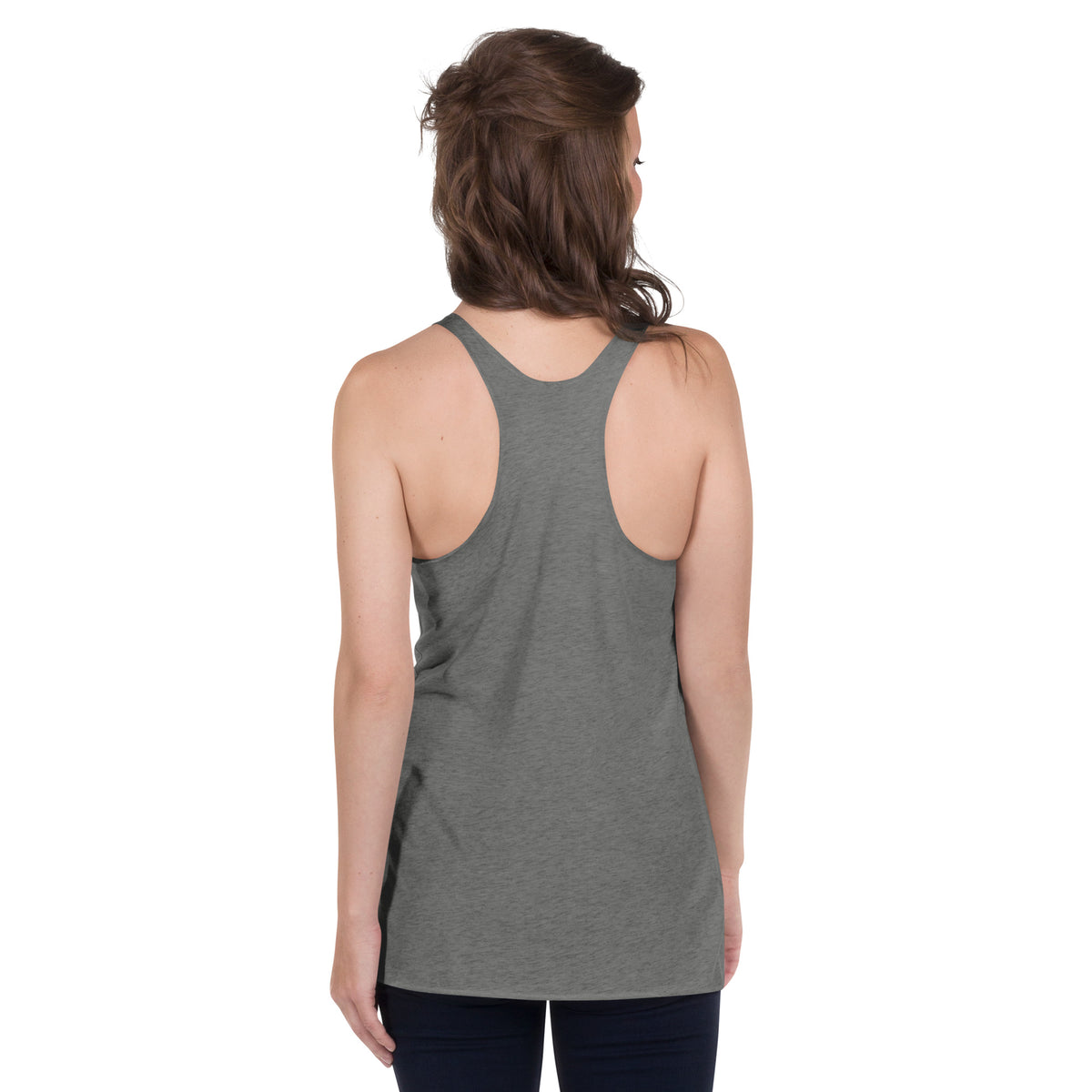 Back view of premium heather racerback tank top on model showing fit and strap detail from The Customer’s Wrong sarcastic sports humor collection